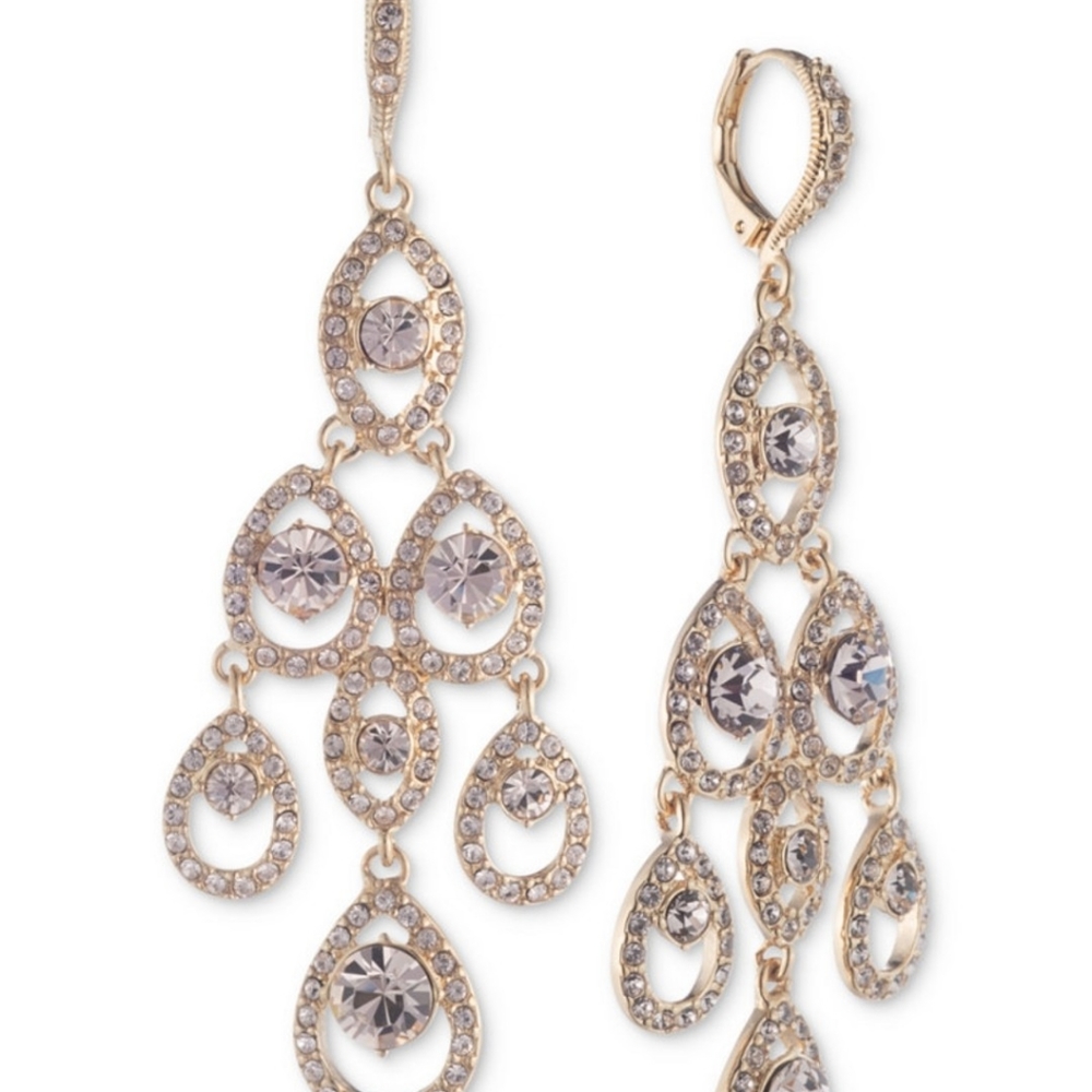 GIVENCHY CRYSTAL EARRINGS Gold Diamond Chandelier Teardrop Dangle Statement